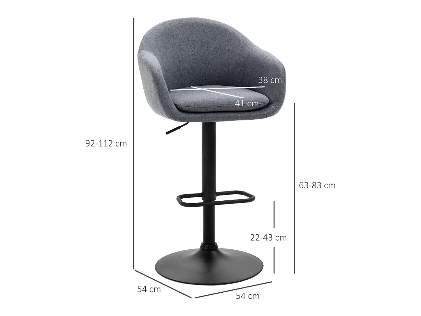Taburete de bar ajustable, diseño moderno, lino estampado, metal, gris (54 x 54 x 112 cm)
