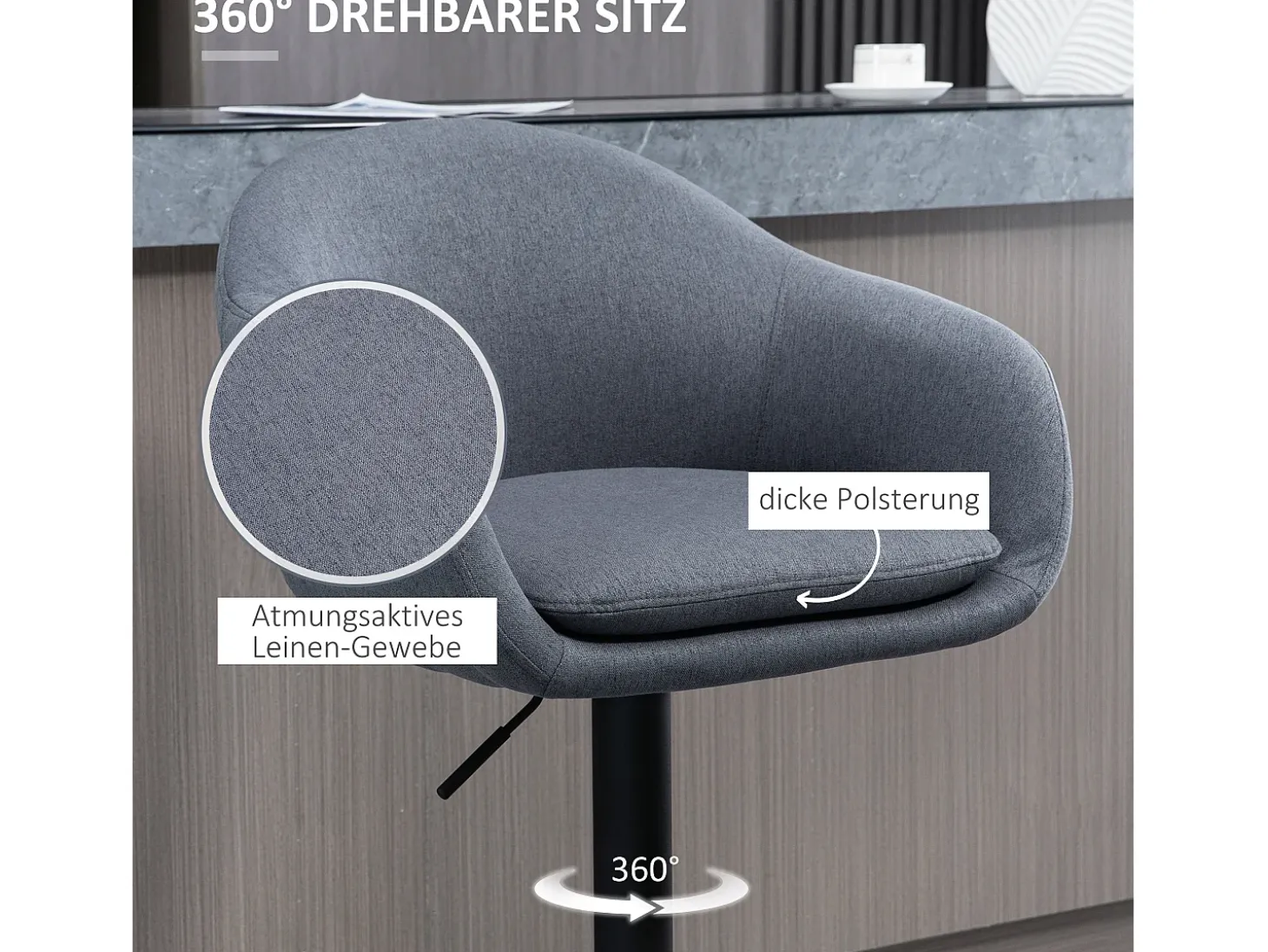 Taburete de bar ajustable, diseño moderno, lino estampado, metal, gris (54 x 54 x 112 cm)