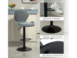 Taburete de bar con respaldo, regulable en altura, tejido chenilla, patas de metal, gris oscuro (51,5x48x112 cm)