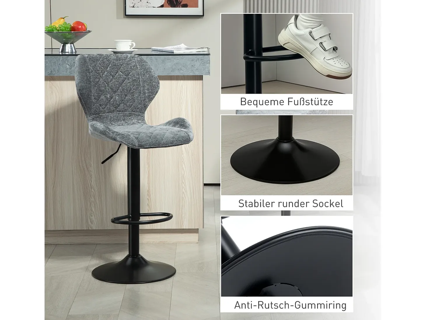 Taburete de bar con respaldo, regulable en altura, tejido chenilla, patas de metal, gris oscuro (51,5x48x112 cm)