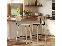 Taburete de bar con respaldo y reposapiés, diseño moderno, estructura de acero, color madera natural (47x41x94 cm)