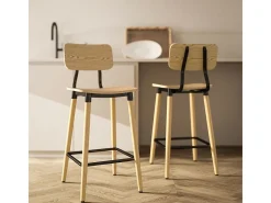 Taburete de bar con respaldo y reposapiés, diseño moderno, estructura de acero, color madera natural (47x41x94 cm)
