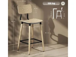 Taburete de bar con respaldo y reposapiés, diseño moderno, estructura de acero, color madera natural (47x41x94 cm)
