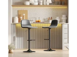 Taburete de bar con respaldo, giratorio 360°, asiento de piel sintética, regulable en altura, diseño moderno, negro (38x38x52-66 cm)