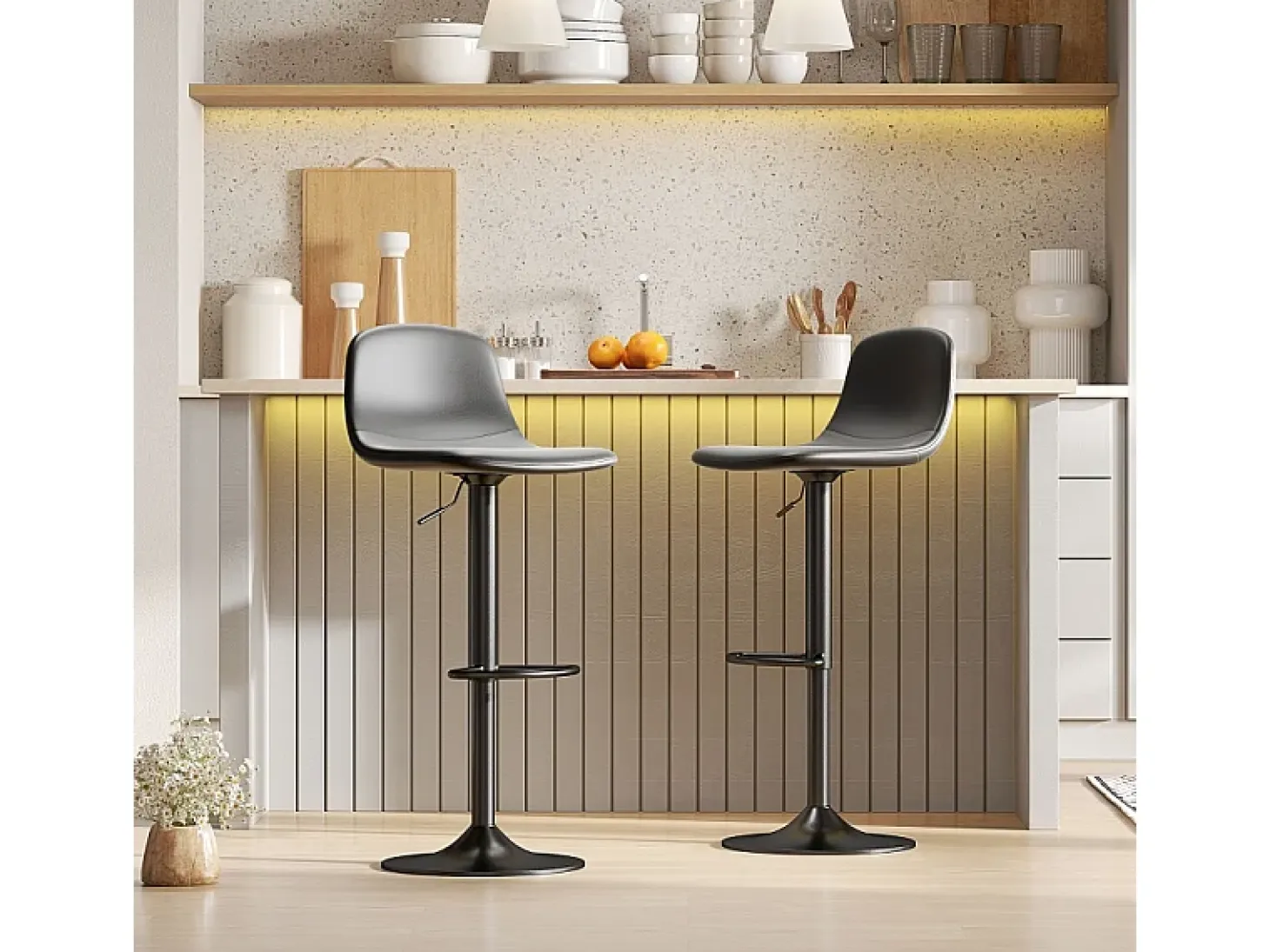Taburete de bar con respaldo, giratorio 360°, asiento de piel sintética, regulable en altura, diseño moderno, negro (38x38x52-66 cm)
