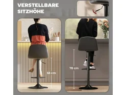 Taburete de bar con respaldo, giratorio 360°, asiento de piel sintética, regulable en altura, diseño moderno, negro (38x38x52-66 cm)