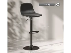Taburete de bar con respaldo, giratorio 360°, asiento de piel sintética, regulable en altura, diseño moderno, negro (38x38x52-66 cm)