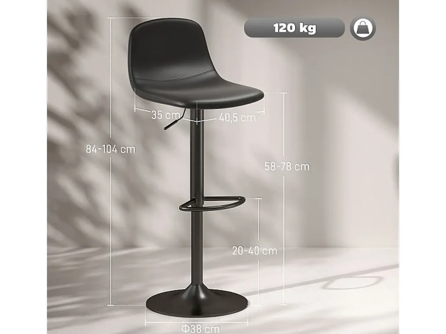 Taburete de bar con respaldo, giratorio 360°, asiento de piel sintética, regulable en altura, diseño moderno, negro (38x38x52-66 cm)