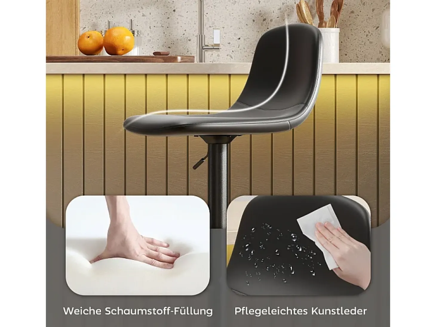 Taburete de bar con respaldo, giratorio 360°, asiento de piel sintética, regulable en altura, diseño moderno, negro (38x38x52-66 cm)