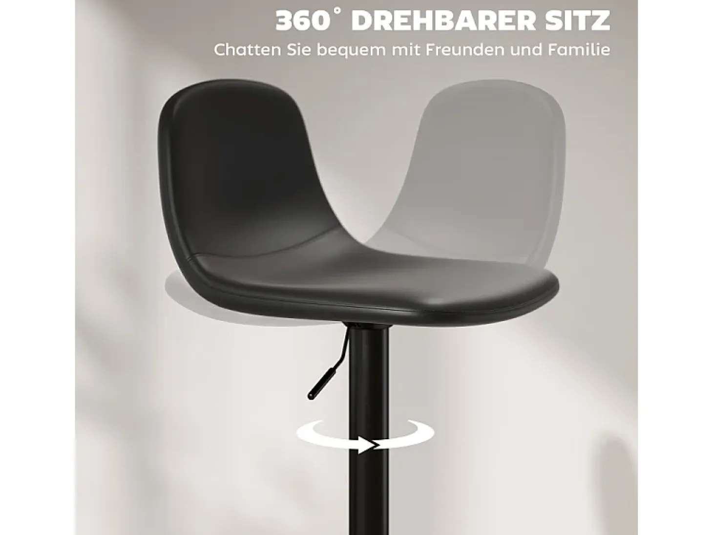 Taburete de bar con respaldo, giratorio 360°, asiento de piel sintética, regulable en altura, diseño moderno, negro (38x38x52-66 cm)