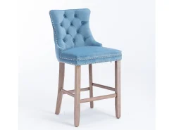 Taburete de bar contemporáneo, tapizado, madera maciza, base de madera, remaches cromados, terciopelo, azul claro (60x50x103 cm)