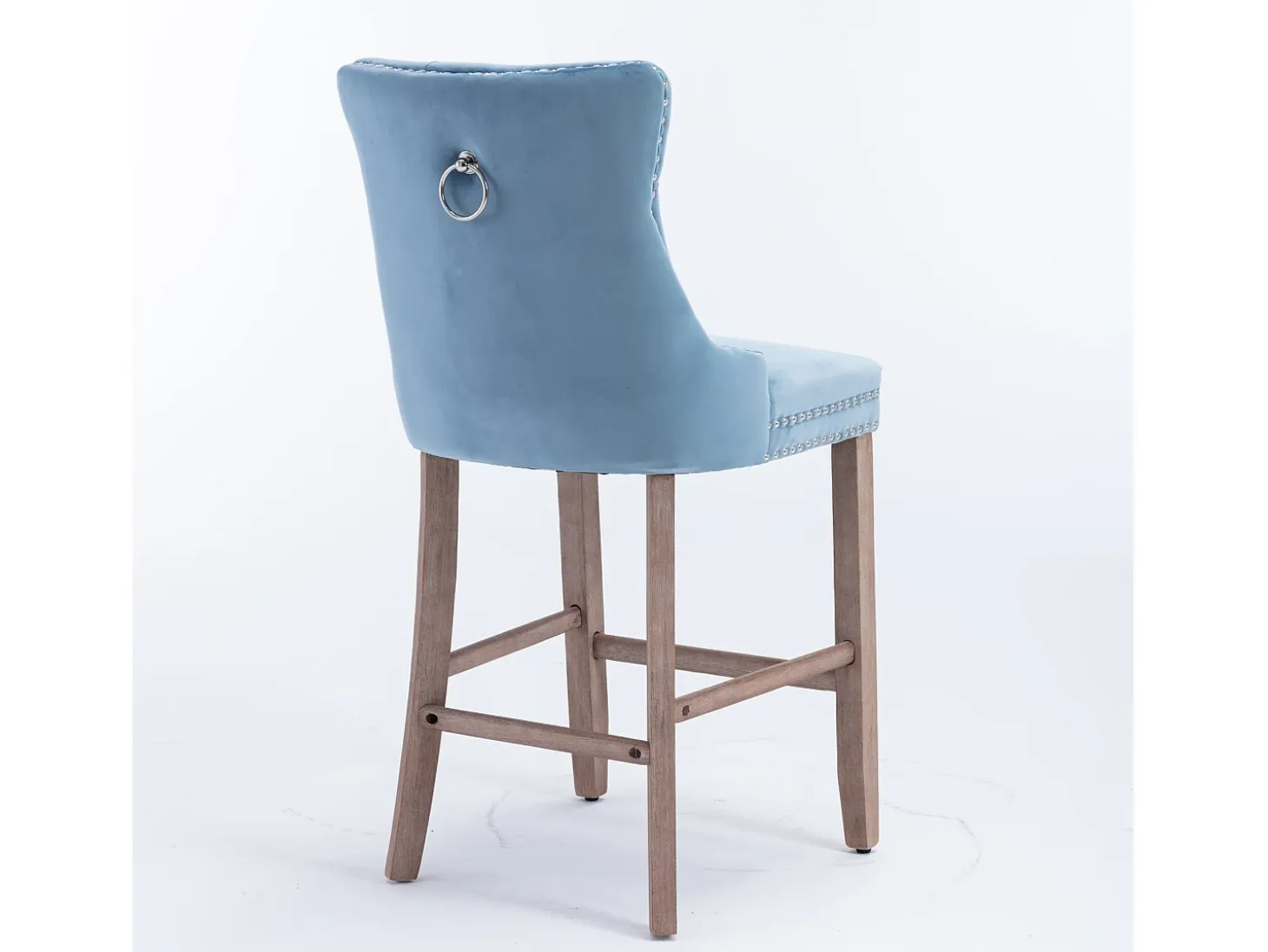 Taburete de bar contemporáneo, tapizado, madera maciza, base de madera, remaches cromados, terciopelo, azul claro (60x50x103 cm)