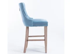 Taburete de bar contemporáneo, tapizado, madera maciza, base de madera, remaches cromados, terciopelo, azul claro (60x50x103 cm)