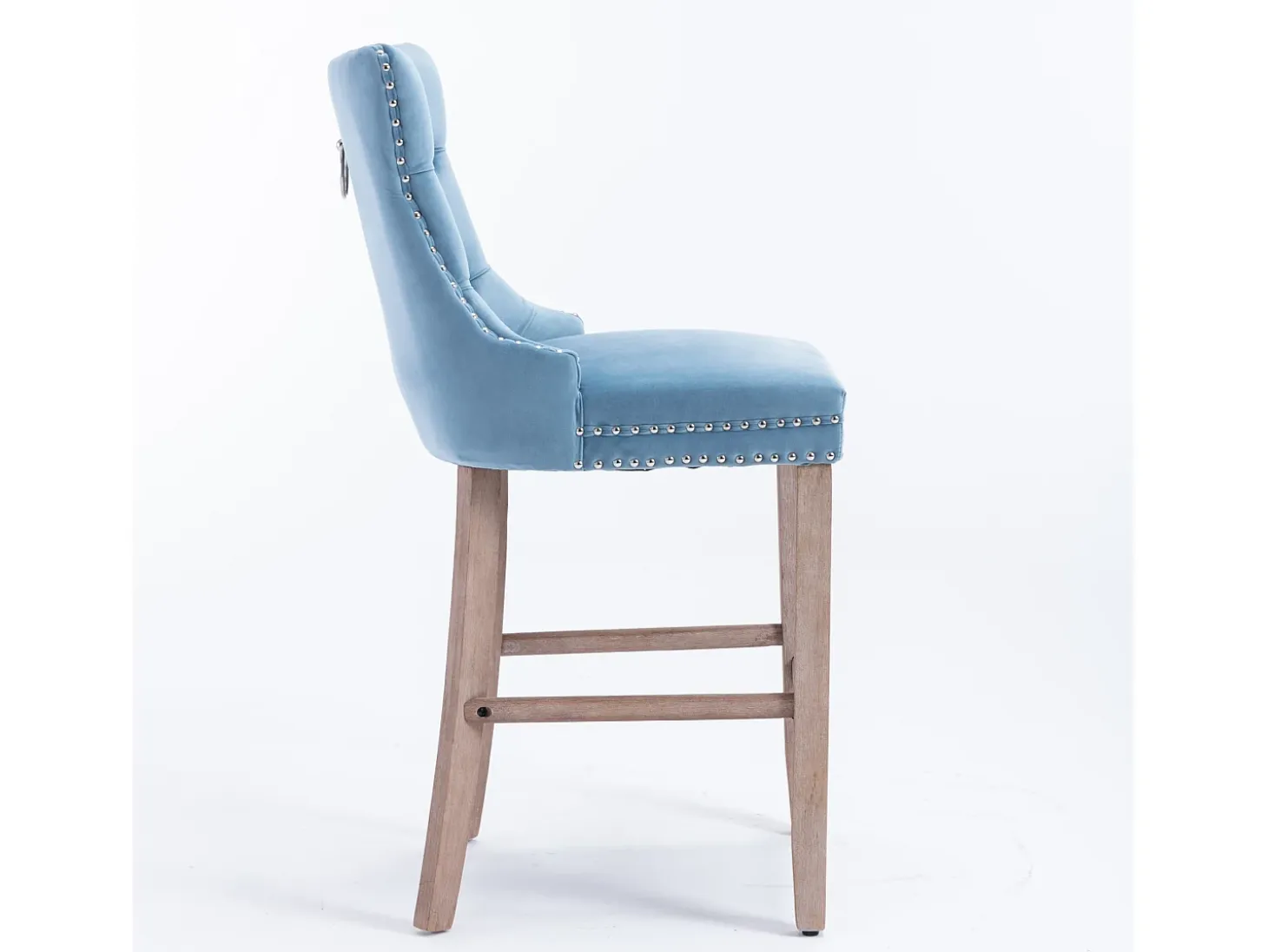 Taburete de bar contemporáneo, tapizado, madera maciza, base de madera, remaches cromados, terciopelo, azul claro (60x50x103 cm)