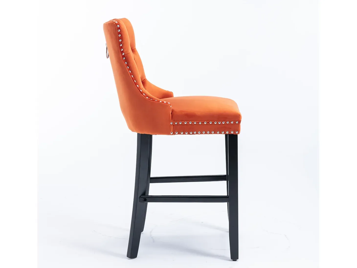 Taburete de bar contemporáneo, tapizado, madera maciza, base de madera, remaches cromados, terciopelo, naranja (60x50x103 cm)