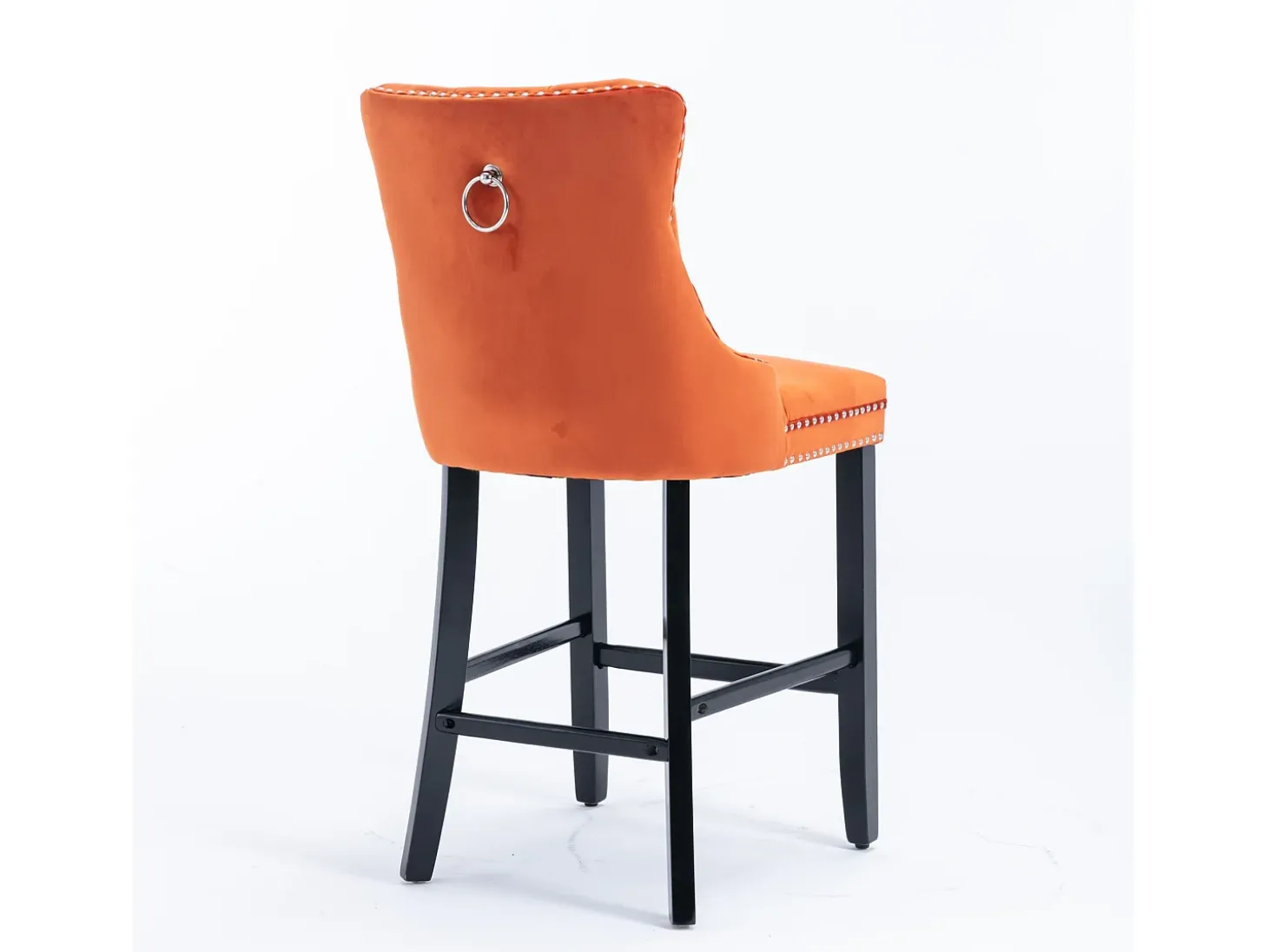 Taburete de bar contemporáneo, tapizado, madera maciza, base de madera, remaches cromados, terciopelo, naranja (60x50x103 cm)