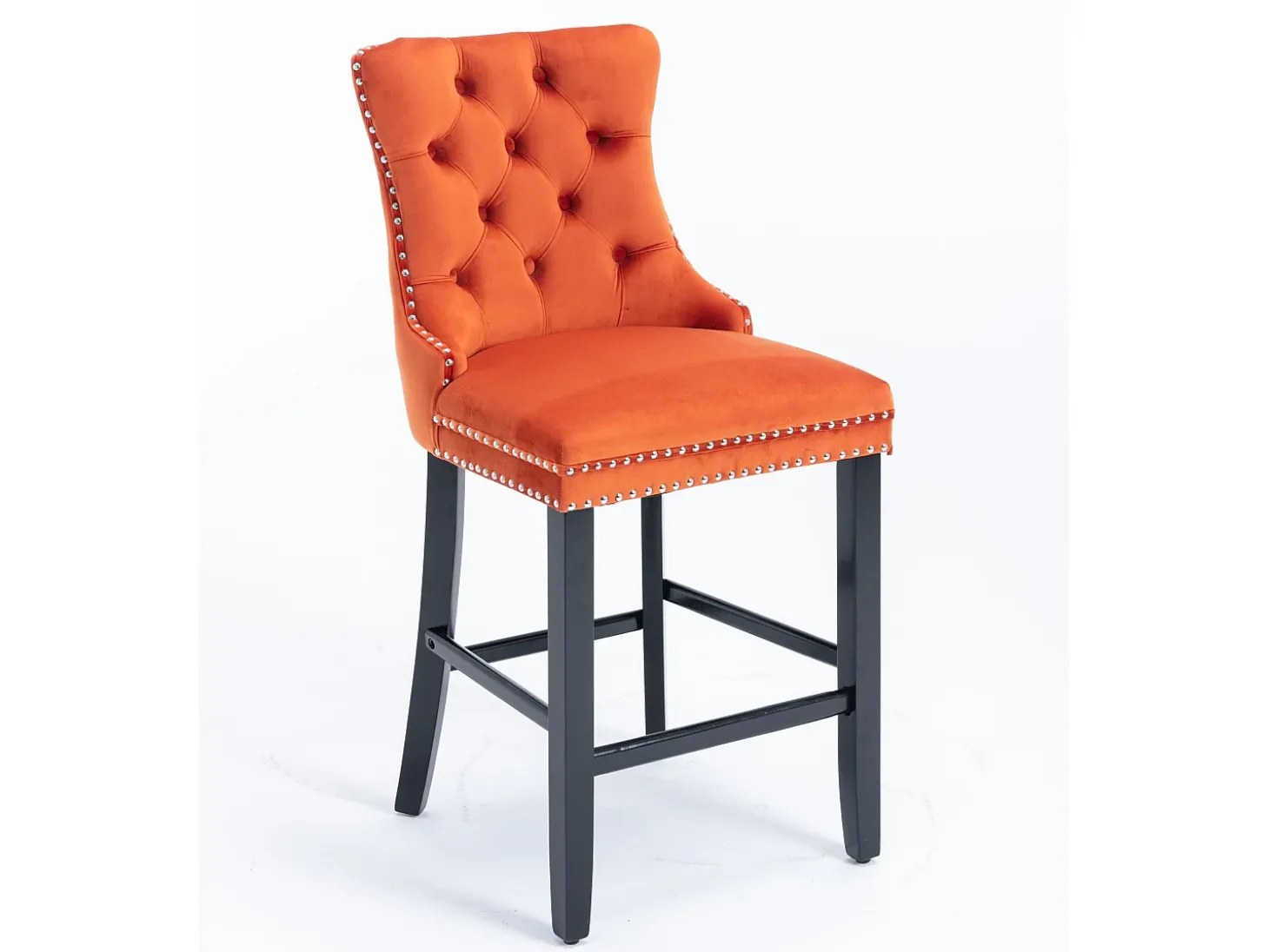Taburete de bar contemporáneo, tapizado, madera maciza, base de madera, remaches cromados, terciopelo, naranja (60x50x103 cm)