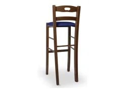 Taburete de bar de 80 cm en nogal oscuro con asa y asiento acolchado en piel sintética azul.
