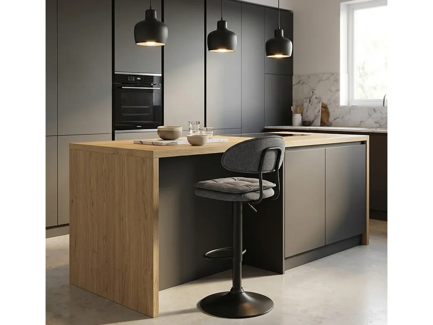 Taburete de bar de cocina ajustable moderno en tela tapizada Nashville. - Gris Oscuro