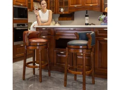 Taburete de bar de cuero genuino con respaldo, giratorio 360°, estructura de madera, azul (54,8 x 54,8 x 96 cm)