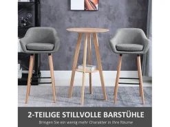 Taburete de bar de lino con cojín, diseño moderno, madera y tela, gris, con reposapiés (55 x 48 x 100 cm)