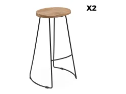 Taburete de bar de madera y acero, set de 2 natural