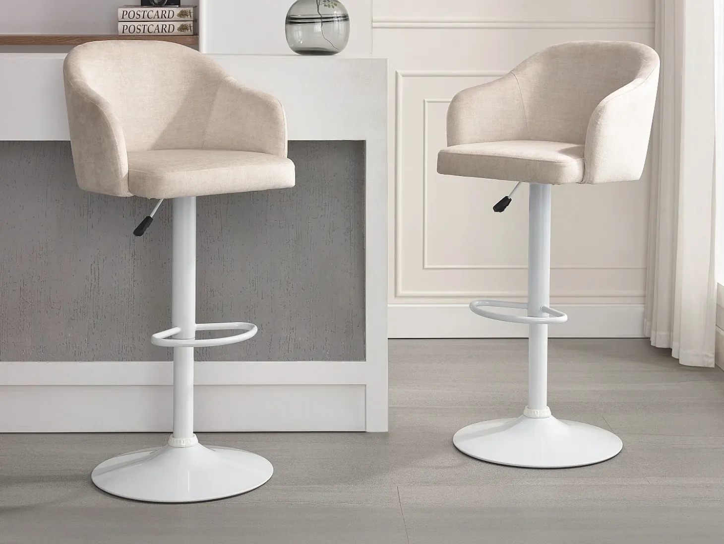 Taburete de bar de tela y metal - Altura regulable - Crema y blanco - CARSTEN