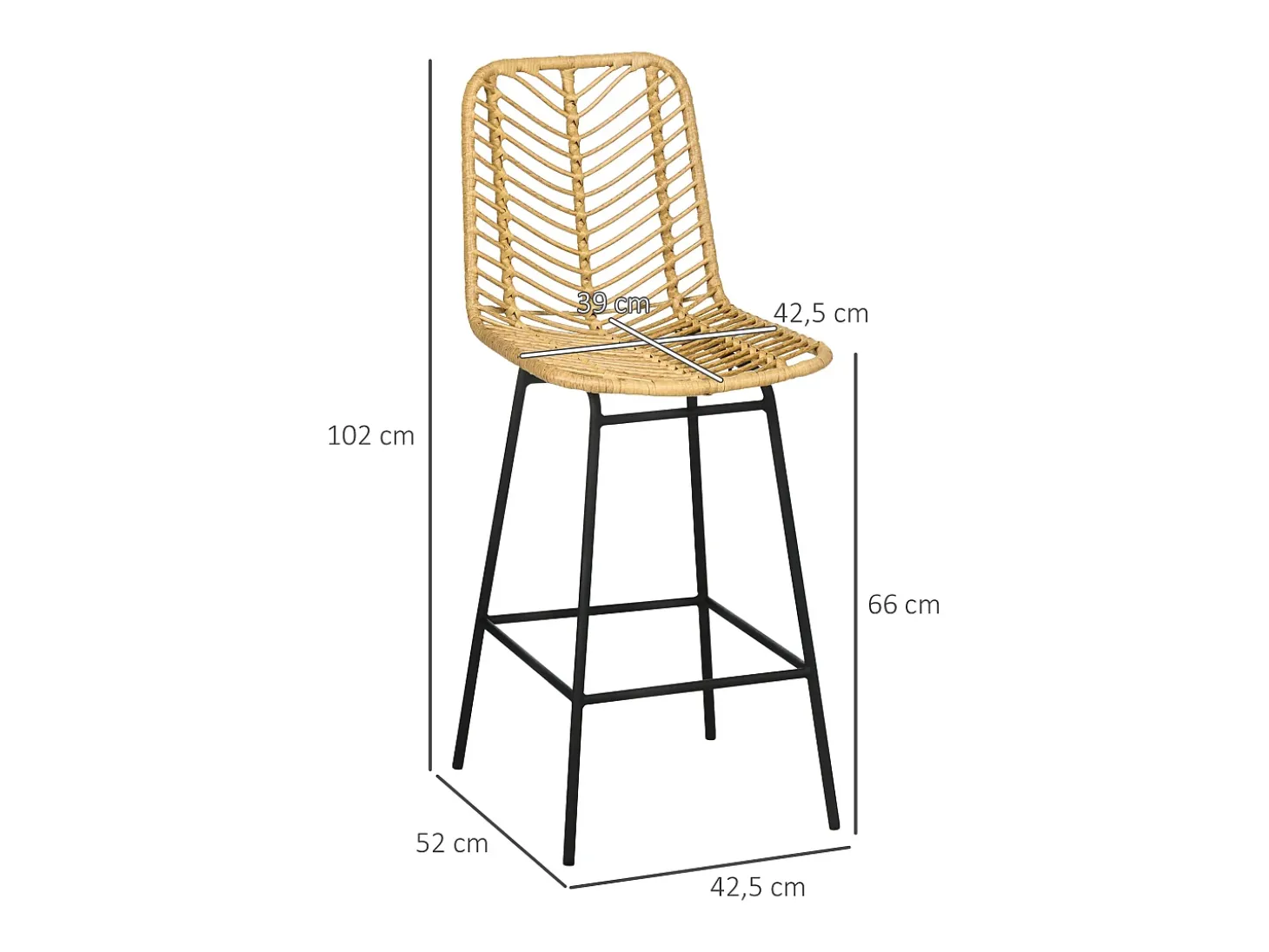 Taburete de bar, diseño Boho, con respaldo, ratán sintético, patas de metal, amarillo y negro (42,5x52x102 cm)
