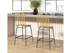 Taburete de bar, diseño Boho, con respaldo, ratán sintético, patas de metal, amarillo y negro (42,5x52x102 cm)