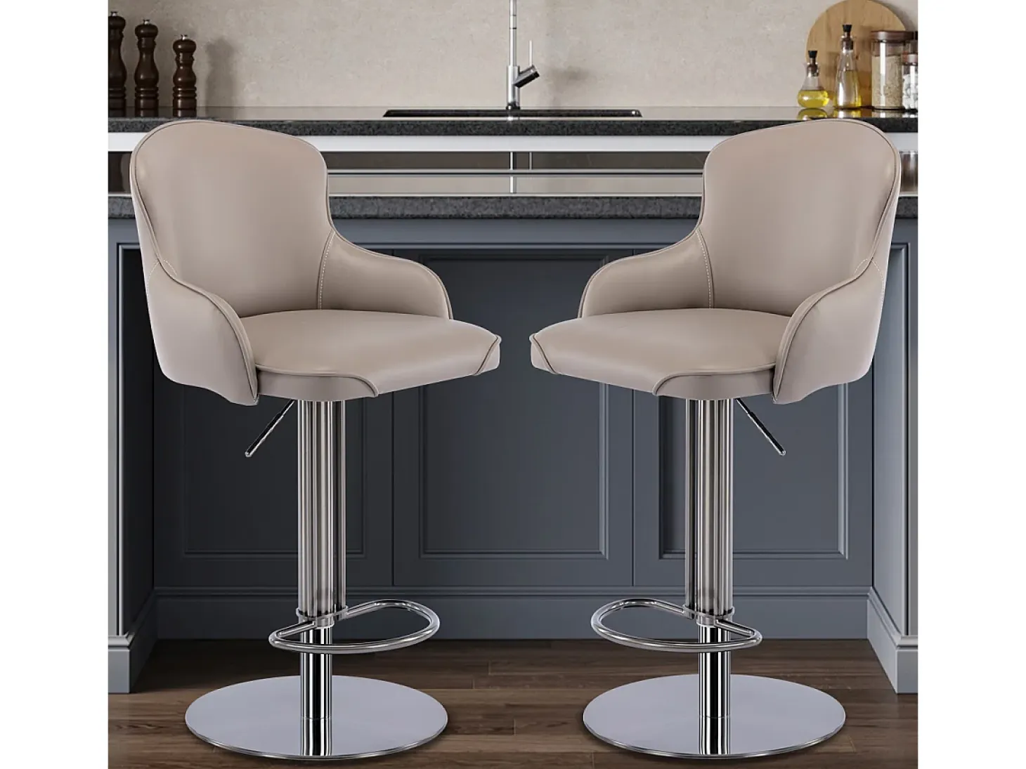 Taburete de bar giratorio de acero inoxidable negro, tapizado en cuero moderno, con respaldo y altura ajustable (52,5 x 52,5 x 116 cm)