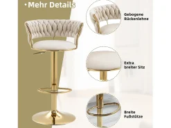 Taburete de bar giratorio de 360°, respaldo artesanal, altura ajustable, terciopelo, color marfil (54 x 46 x 78,5-97 cm)