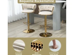 Taburete de bar giratorio de 360°, respaldo artesanal, altura ajustable, terciopelo, color marfil (54 x 46 x 78,5-97 cm)