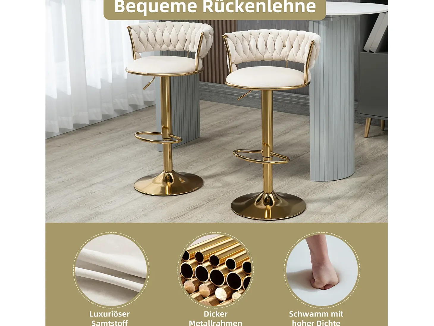 Taburete de bar giratorio de 360°, respaldo artesanal, altura ajustable, terciopelo, color marfil (54 x 46 x 78,5-97 cm)