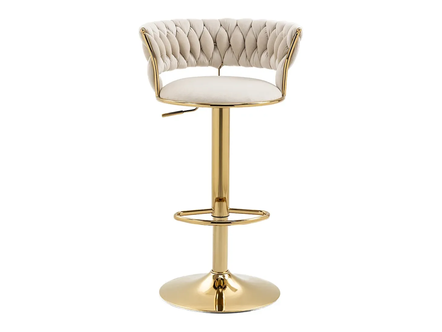 Taburete de bar giratorio de 360°, respaldo artesanal, altura ajustable, terciopelo, color marfil (54 x 46 x 78,5-97 cm)