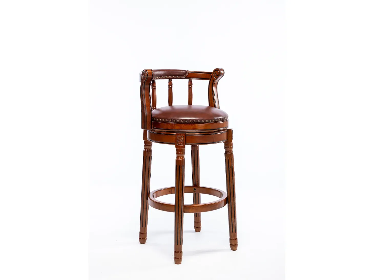 Taburete de bar giratorio 360° - Cuero auténtico, madera, con respaldo, diseño moderno, marrón (54,8 x 54,8 x 96 cm)
