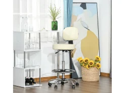 Taburete de bar giratorio con respaldo, altura regulable, tapizado en PU beige, estructura de acero (56 x 57 x 104-127 cm)