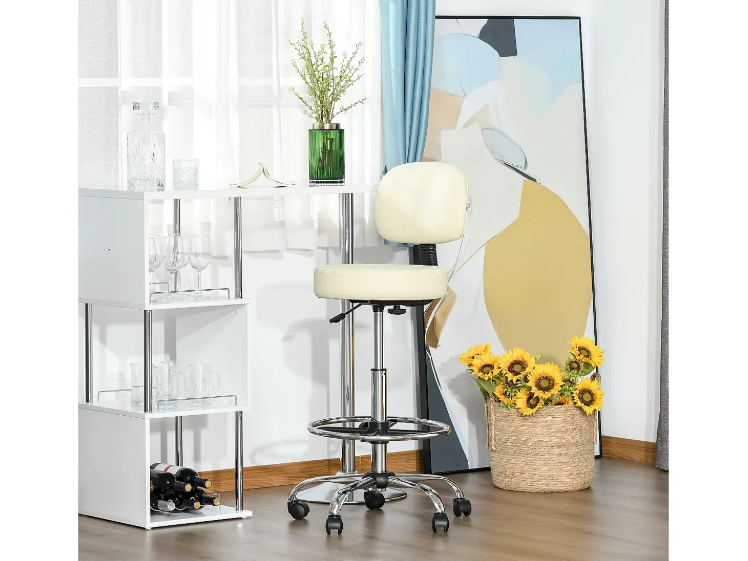 Taburete de bar giratorio con respaldo, altura regulable, tapizado en PU beige, estructura de acero (56 x 57 x 104-127 cm)