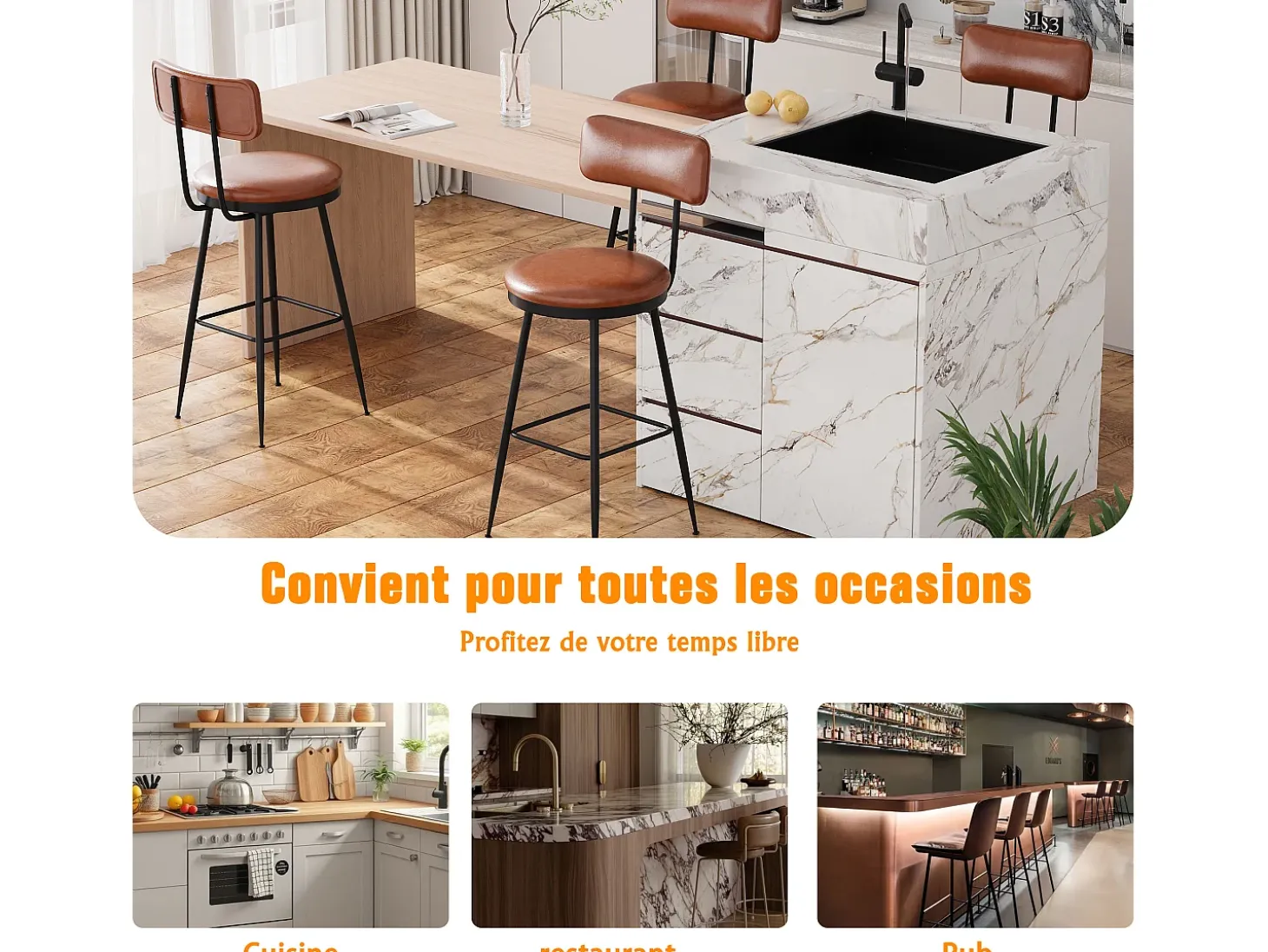 Taburete de bar, juego de 4, trona de cocina, silla de bar con reposapiés y respaldo, para comedor, cocina, piel sintética, marrón