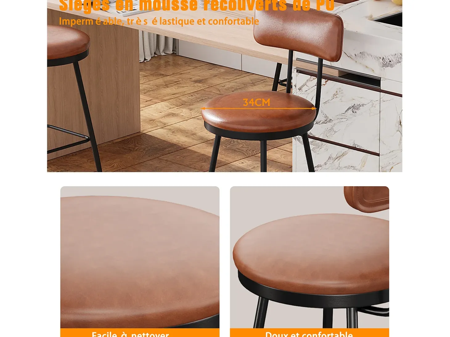 Taburete de bar, juego de 4, trona de cocina, silla de bar con reposapiés y respaldo, para comedor, cocina, piel sintética, marrón