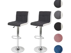 Taburete de bar MCW-G87 (juego de 2), tela/textil gris oscuro + polipiel blanca, base cromada