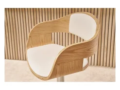 Taburete de bar moderno regulable blanco y madera clara EUSTACHE