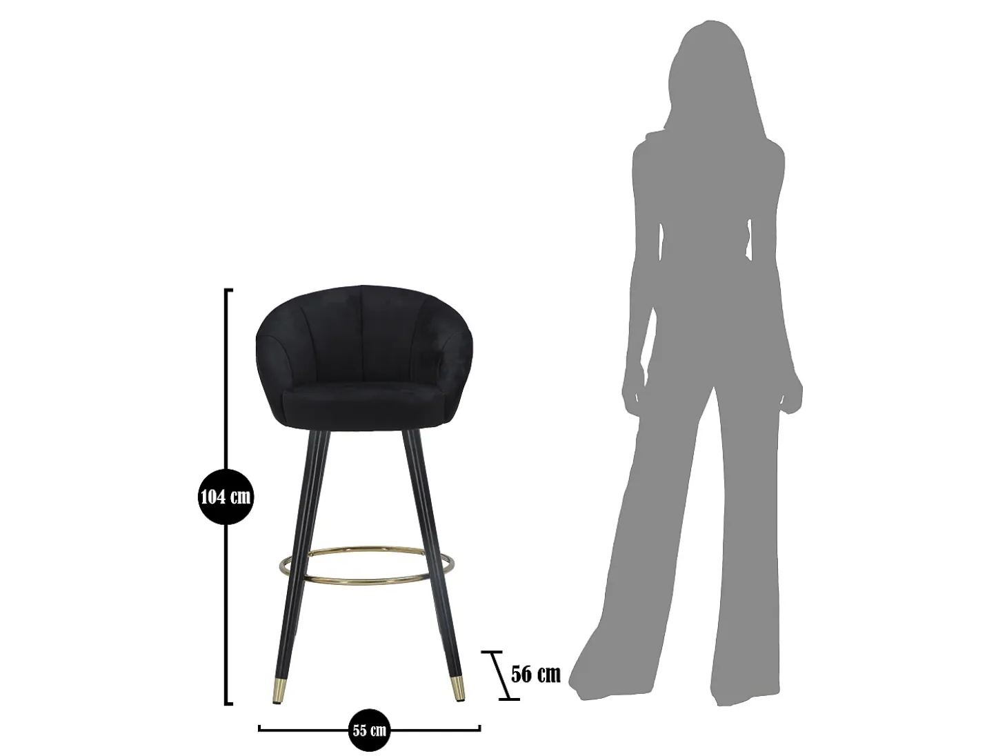 Taburete de bar para cocina en terciopelo con patas de madera negras y doradas h80cm Prague - Negro