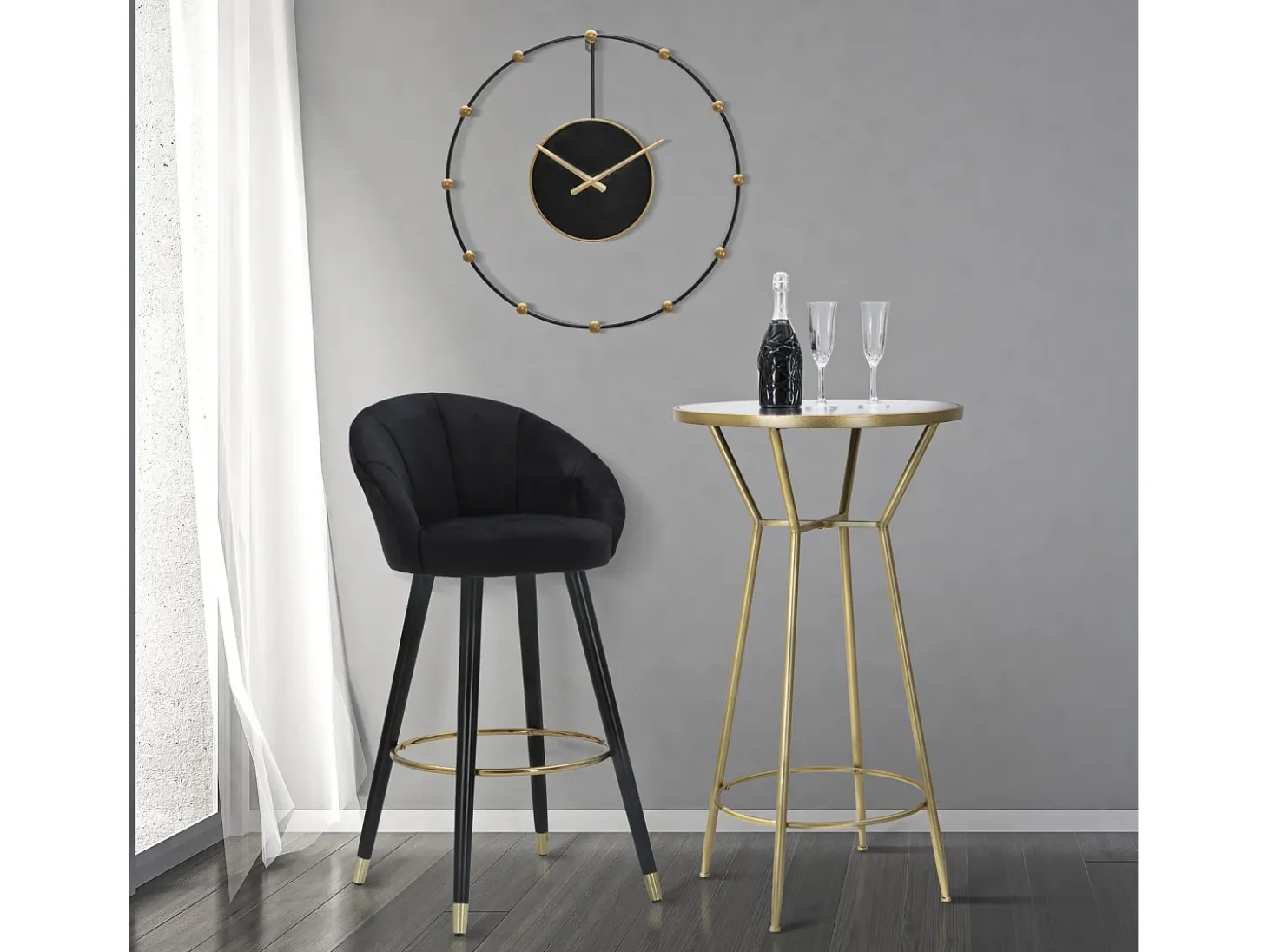Taburete de bar para cocina en terciopelo con patas de madera negras y doradas h80cm Prague - Negro