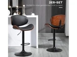 Taburete de bar, regulable en altura, con respaldo, piel sintética, color negro, patas de metal (53x52x92-112 cm)