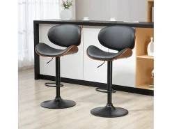 Taburete de bar, regulable en altura, con respaldo, piel sintética, color negro, patas de metal (53x52x92-112 cm)