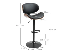 Taburete de bar, regulable en altura, con respaldo, piel sintética, color negro, patas de metal (53x52x92-112 cm)