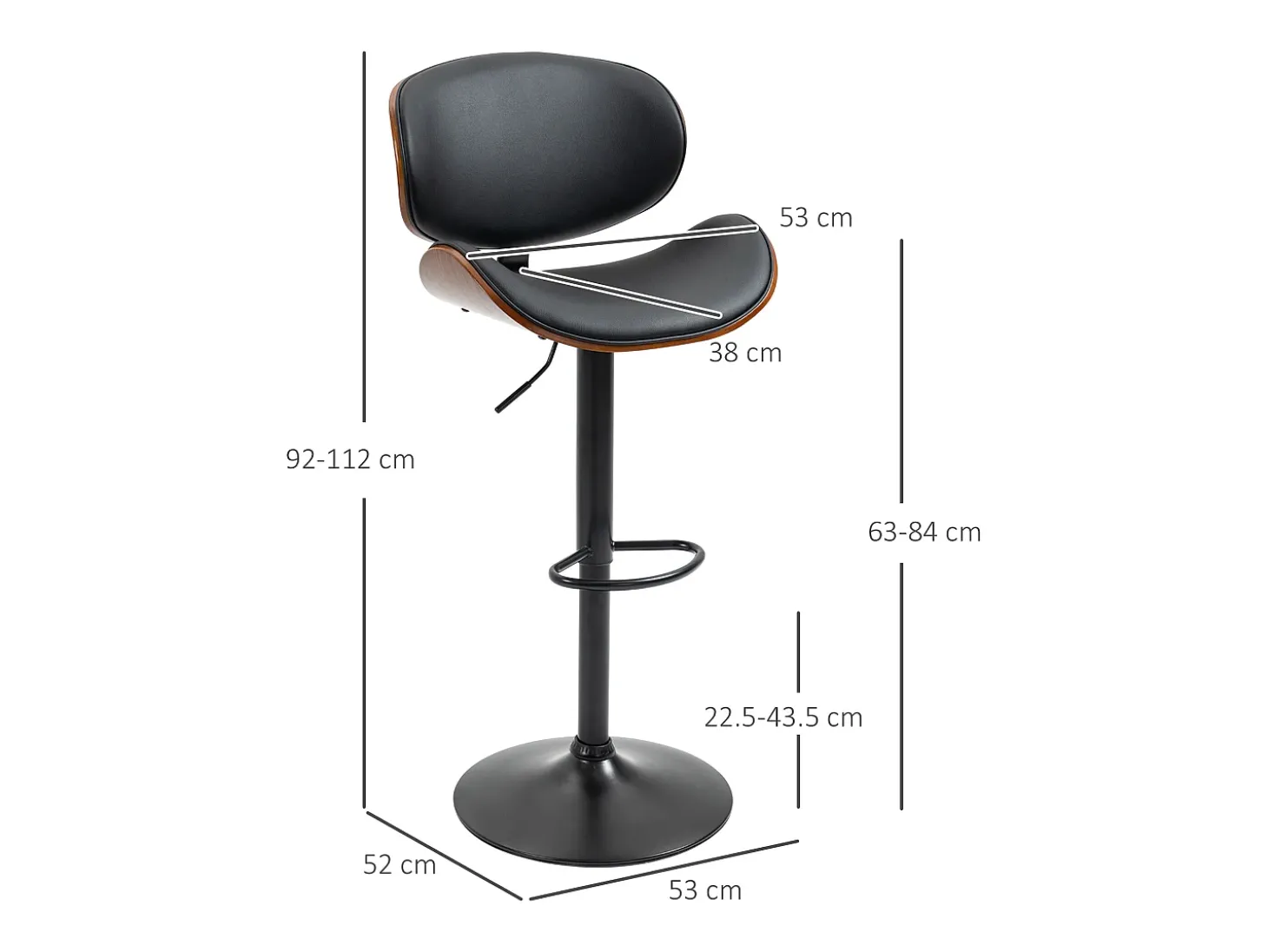 Taburete de bar, regulable en altura, con respaldo, piel sintética, color negro, patas de metal (53x52x92-112 cm)