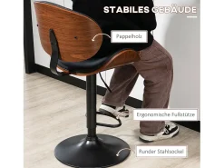 Taburete de bar, regulable en altura, con respaldo, piel sintética, color negro, patas de metal (53x52x92-112 cm)