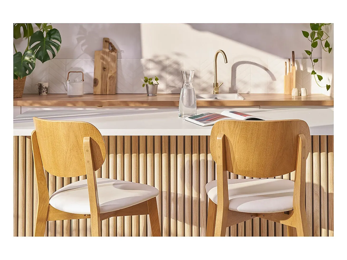 Taburete de bar roble y asiento blanco A65 cm LUCIA