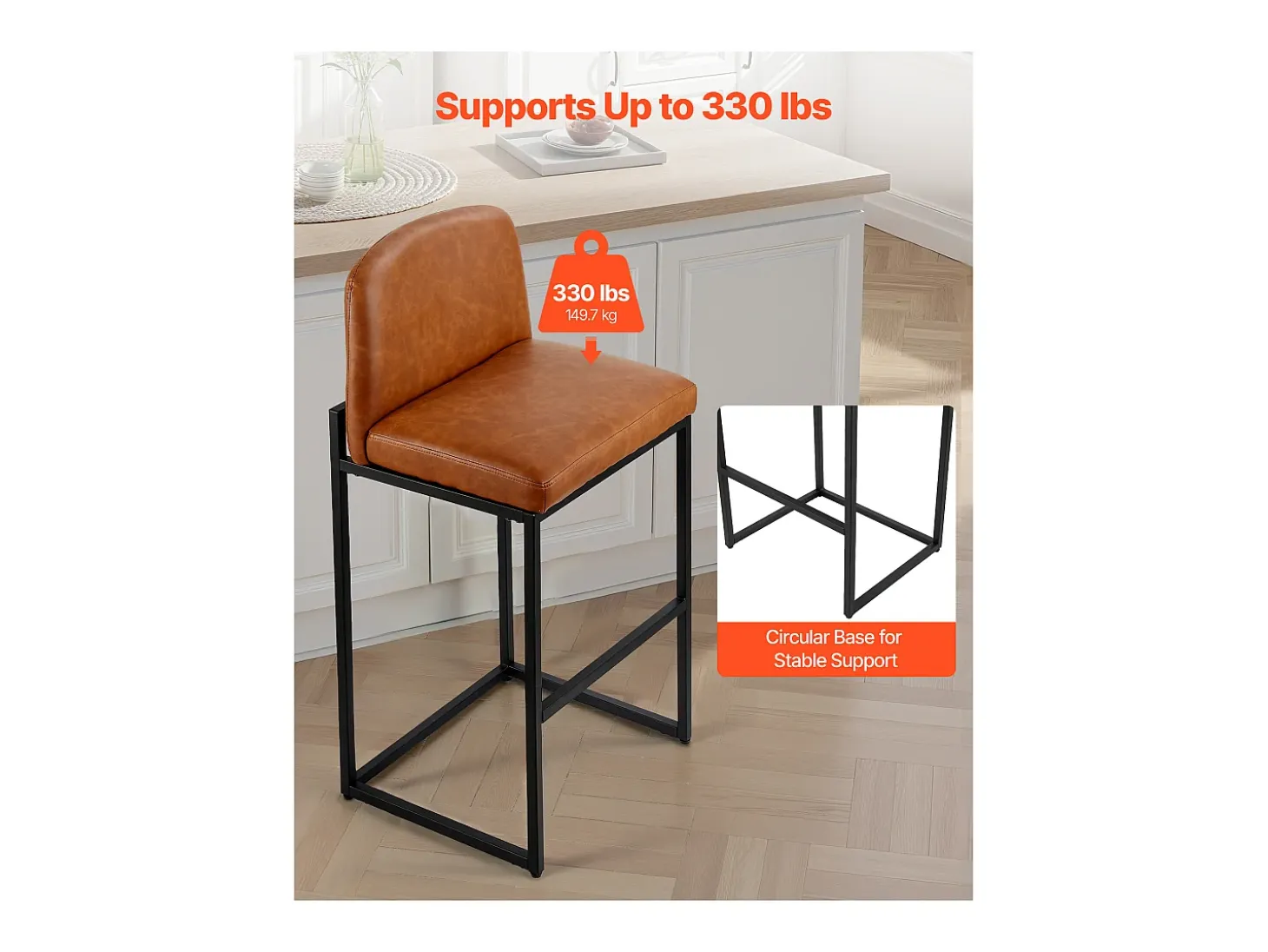 Taburete de Bar SucceBuy, Lote de 4, Silla de Bar en Piel de PU Cómoda, 68 cm de Alto, Asiento de Cocina con Respaldo Y Pies en Metal, Marrón